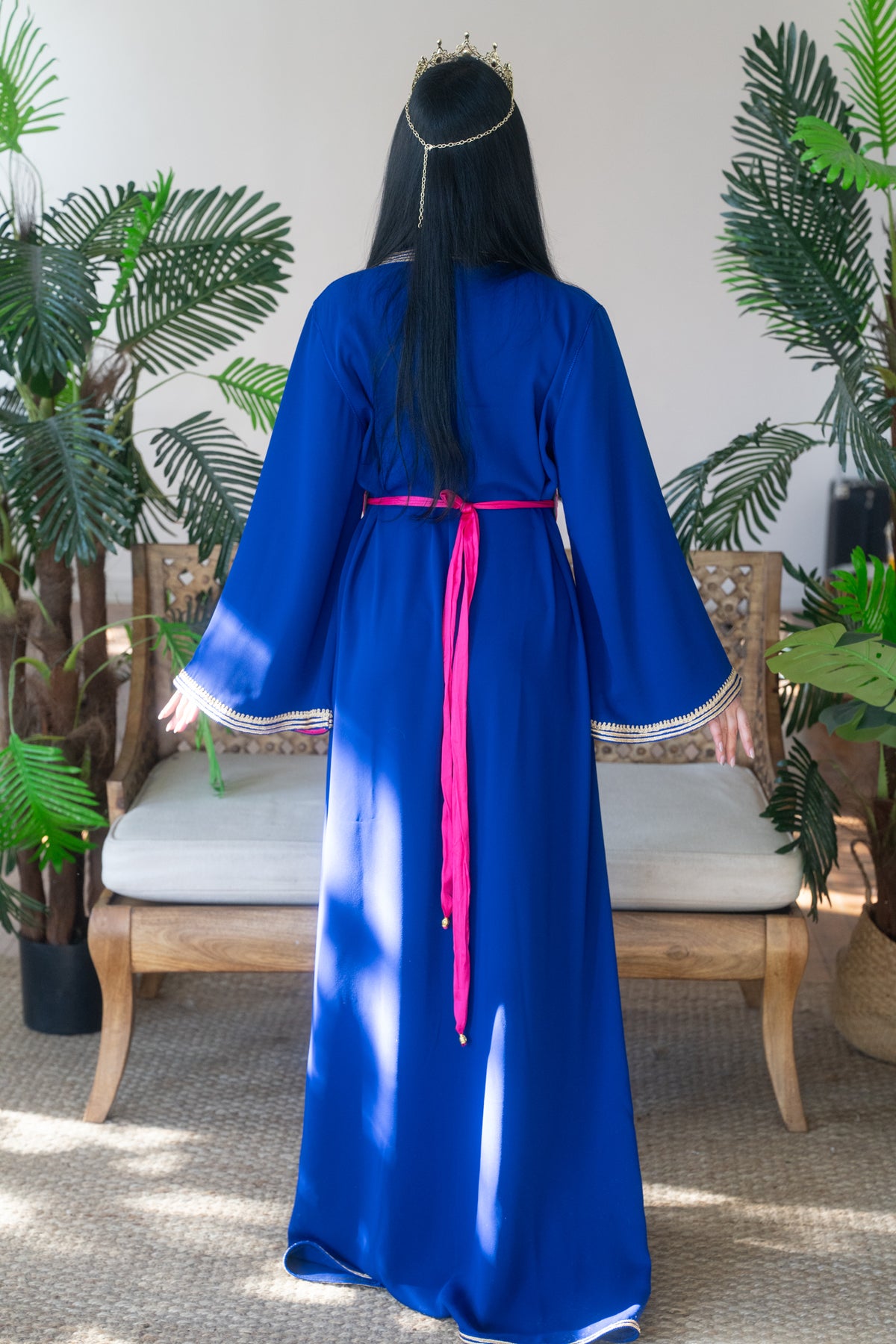 Sapphire Blue Gold Embroidered Kaftan with Fuchsia Belt