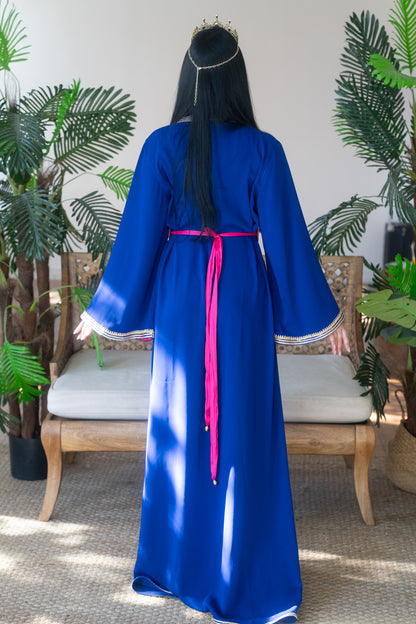 Sapphire Blue Gold Embroidered Kaftan with Fuchsia Belt