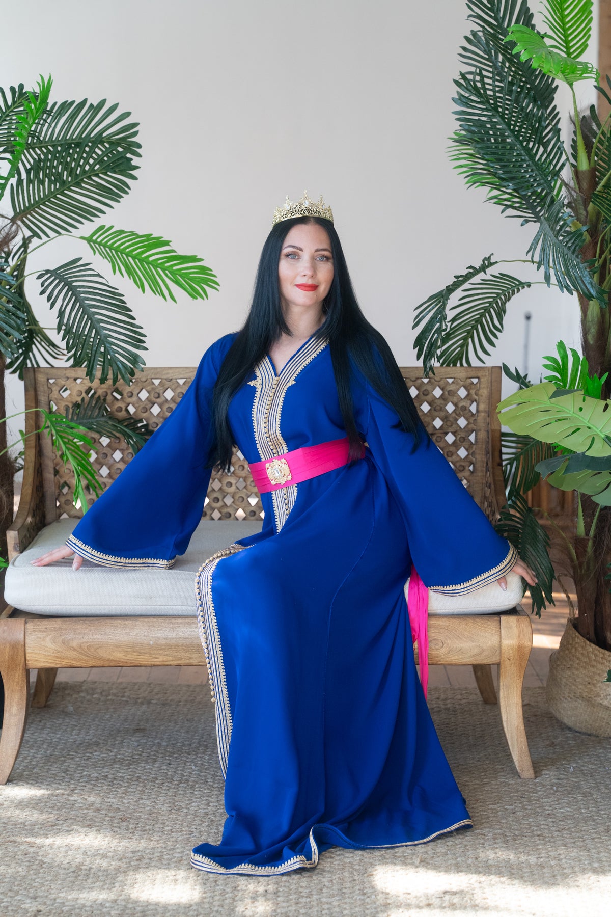 Sapphire Blue Gold Embroidered Kaftan with Fuchsia Belt