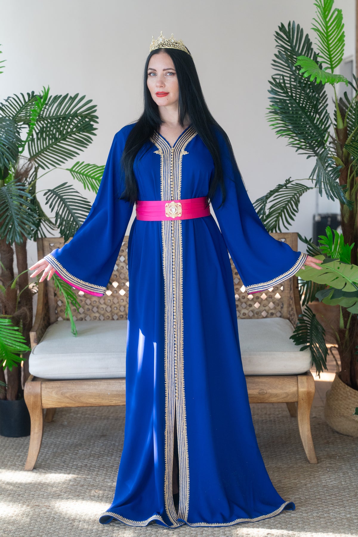 Sapphire Blue Gold Embroidered Kaftan with Fuchsia Belt
