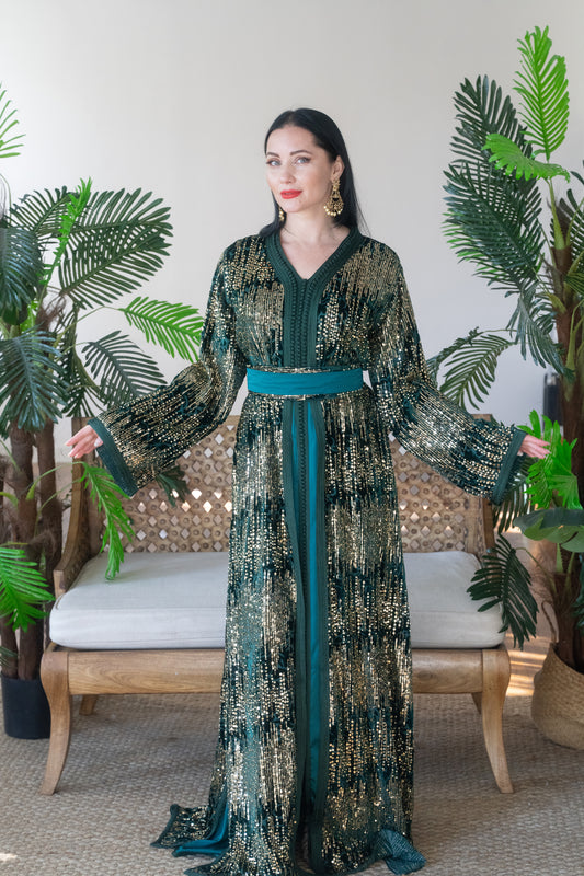 Emerald Gold Sequin Caftan