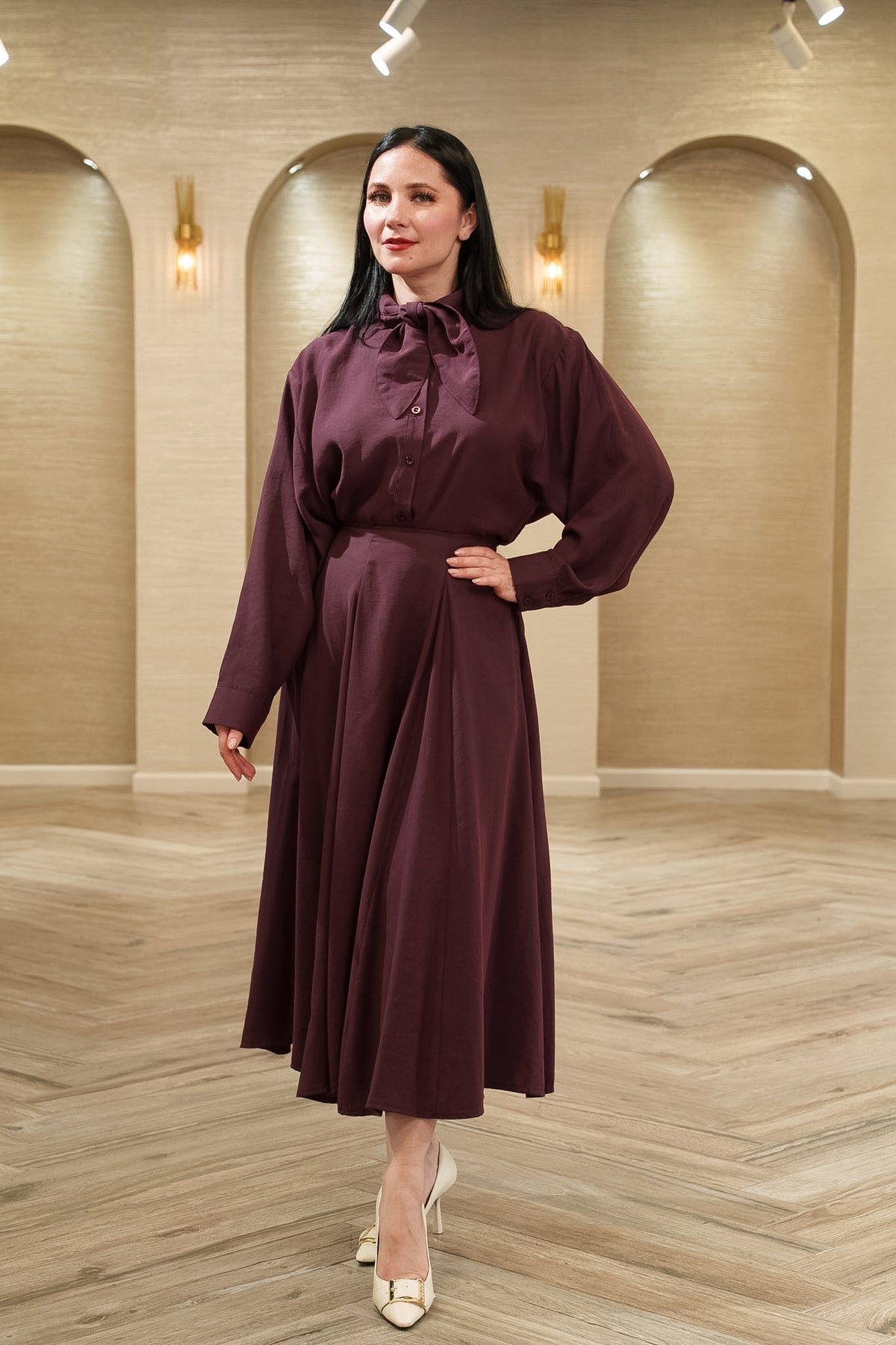 First Angel Bow Blouse &amp; A-Line Midi Skirt 2-Piece Set
