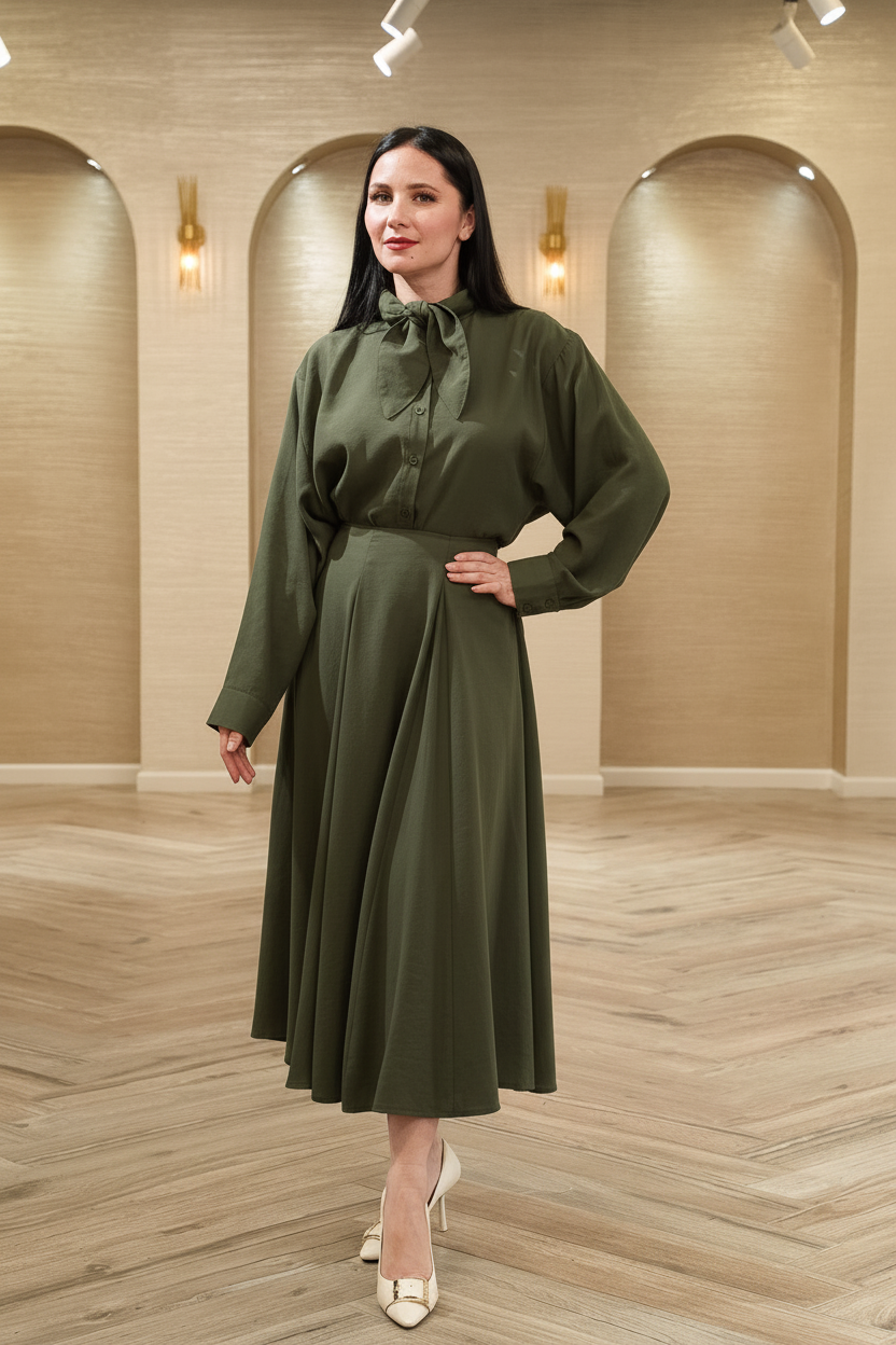 First Angel Bow Blouse &amp; A-Line Midi Skirt 2-Piece Set