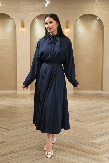 First Angel Bow Blouse &amp; A-Line Midi Skirt 2-Piece Set