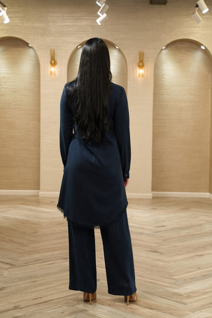 Fringe-Hem Longline Shirt &amp; Wide-Leg Pants 2-Piece Set