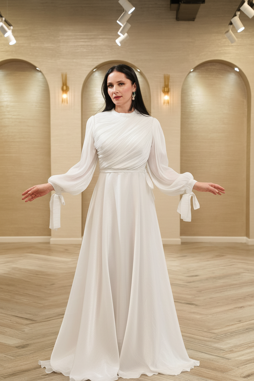 Ethereal Grace White Pleated Shimmer Bridal Gown