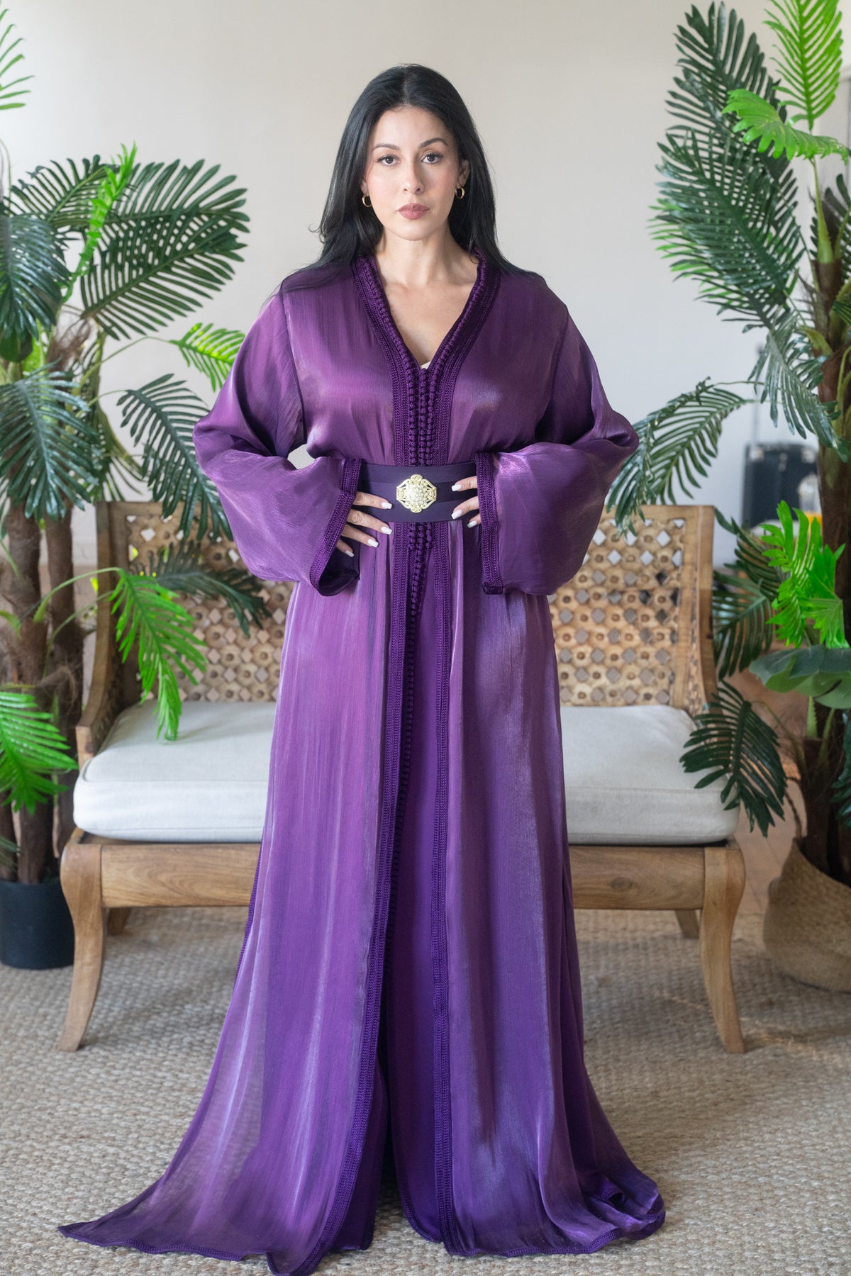 Amethyst Purple Satin Kaftan with Black Belt