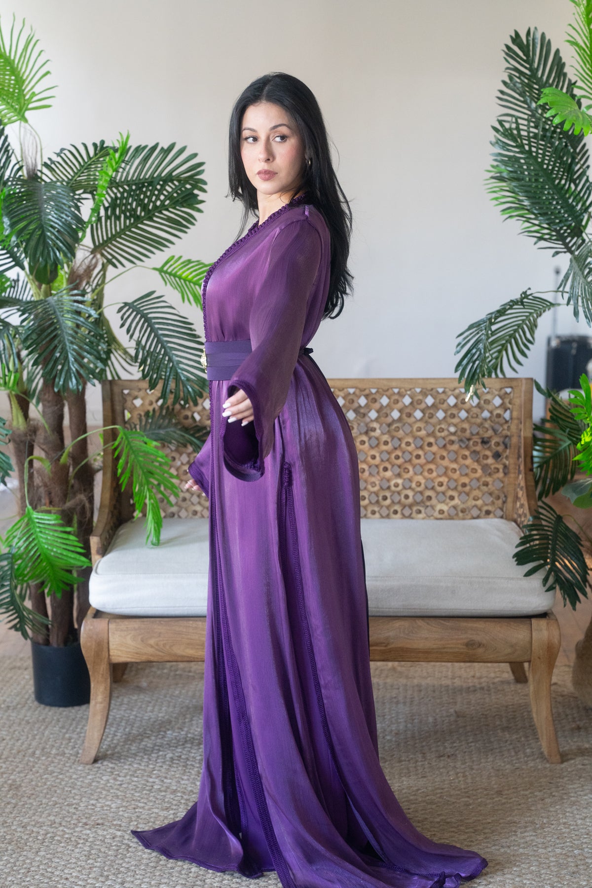 Amethyst Purple Satin Kaftan with Black Belt