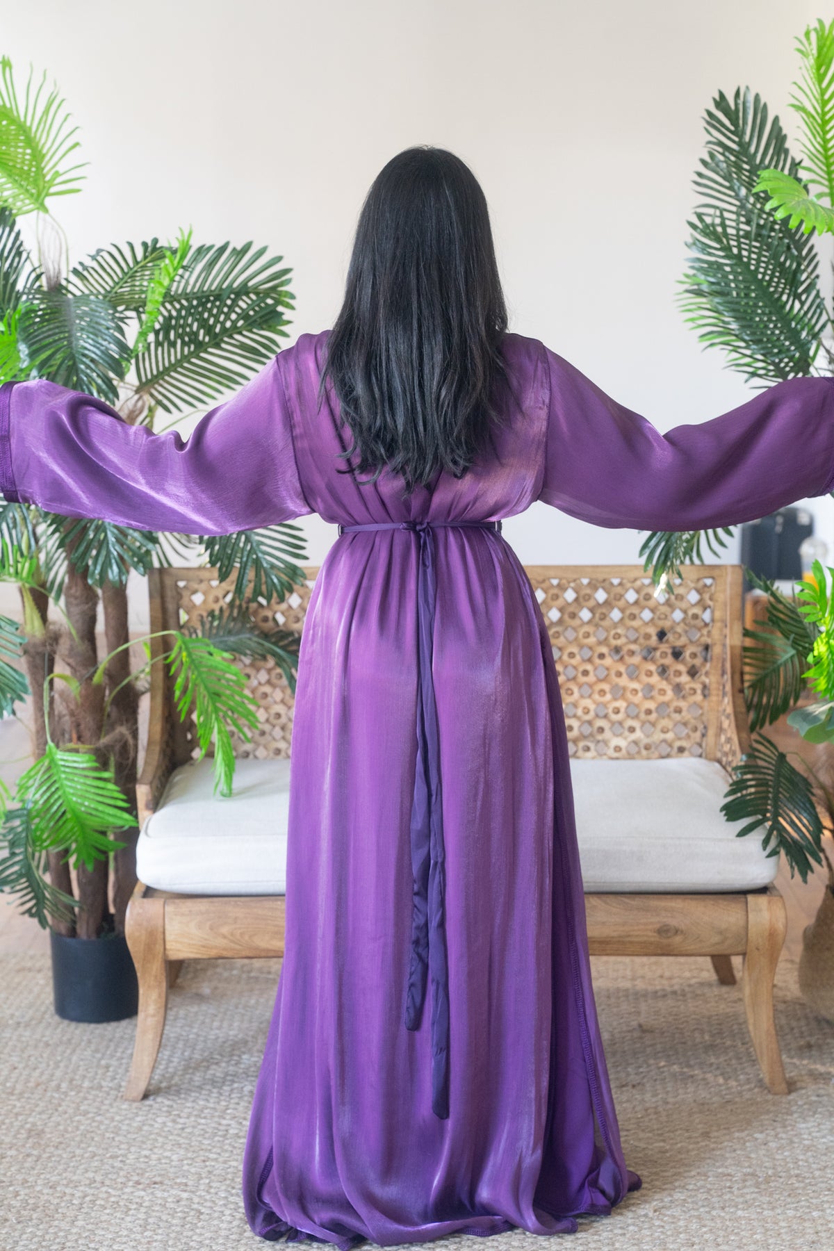 Amethyst Purple Satin Kaftan with Black Belt