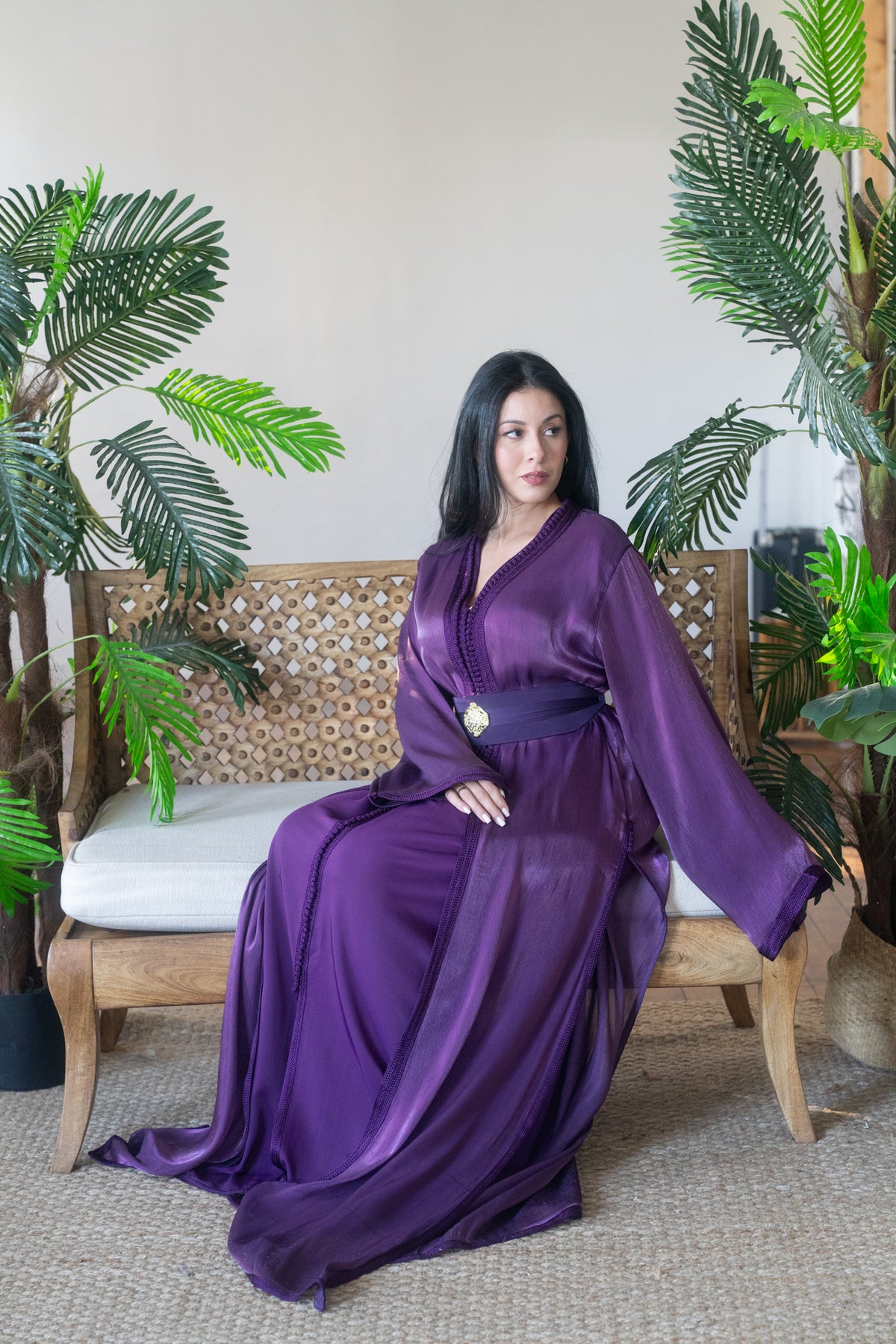 Amethyst Purple Satin Kaftan with Black Belt