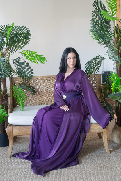 Amethyst Purple Satin Kaftan with Black Belt