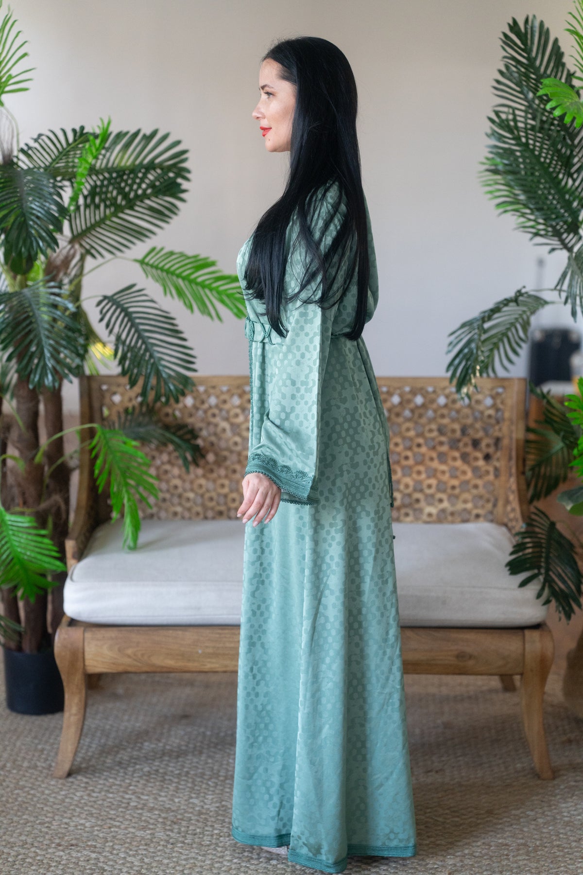 Emerald Jacquard Satin Embroidered Kaftan with Belt