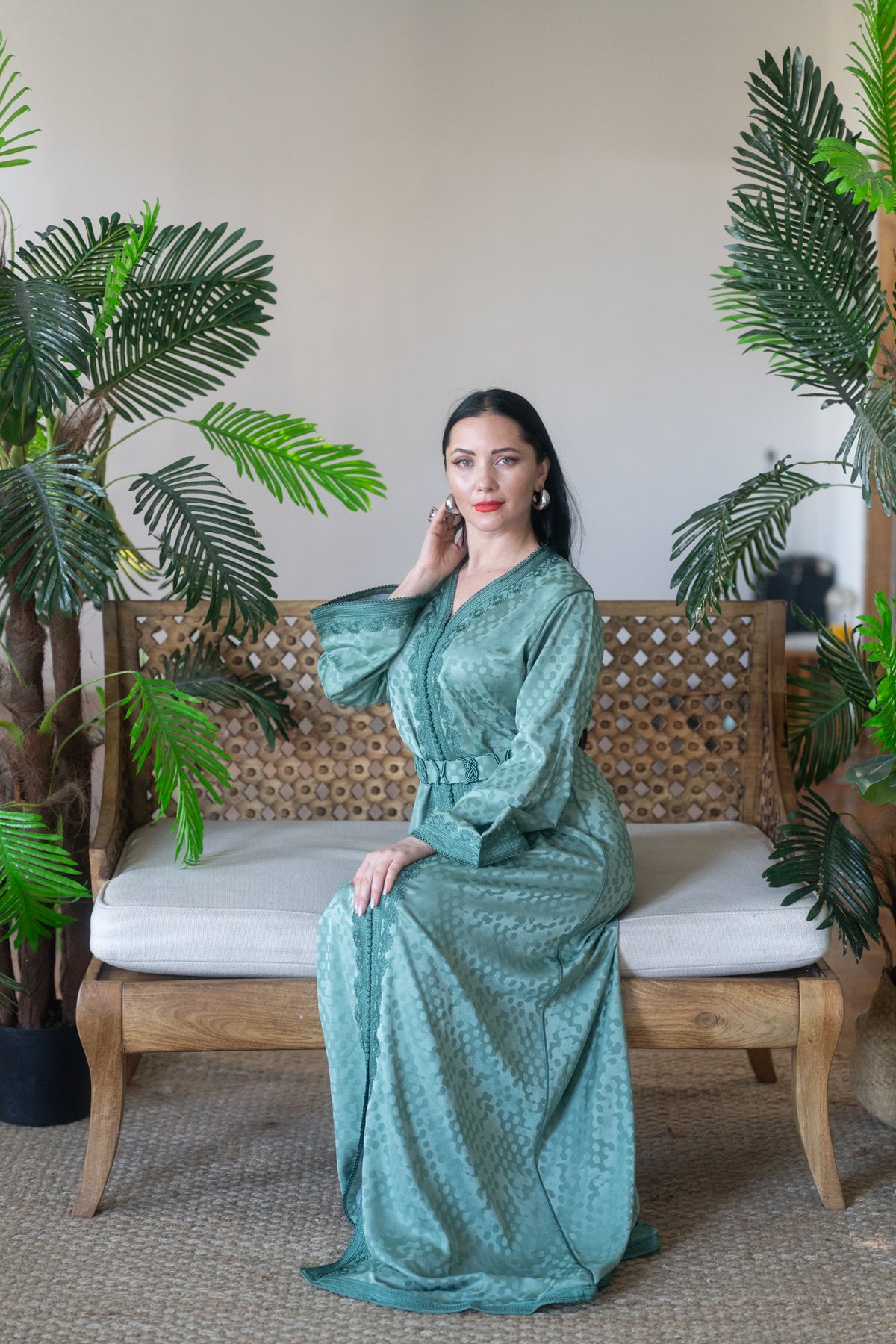 Emerald Jacquard Satin Embroidered Kaftan with Belt