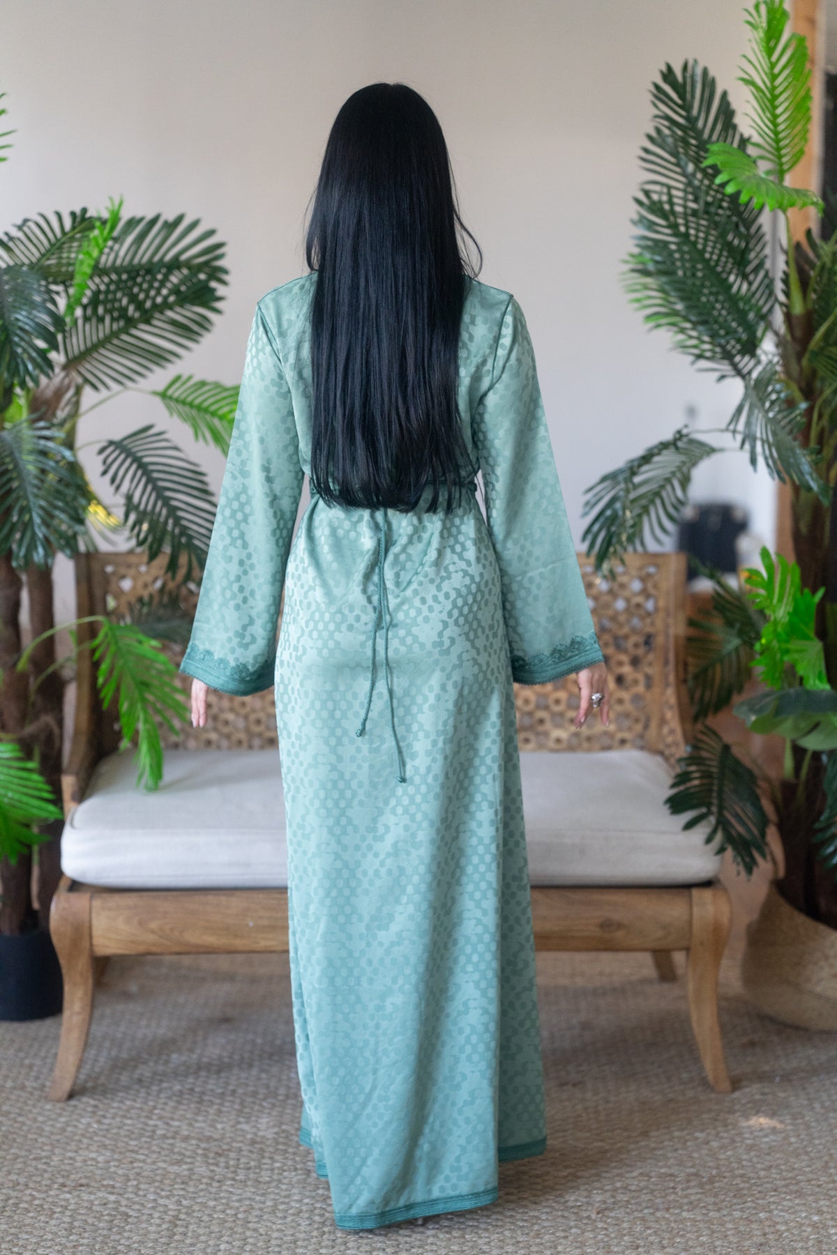 Emerald Jacquard Satin Embroidered Kaftan with Belt