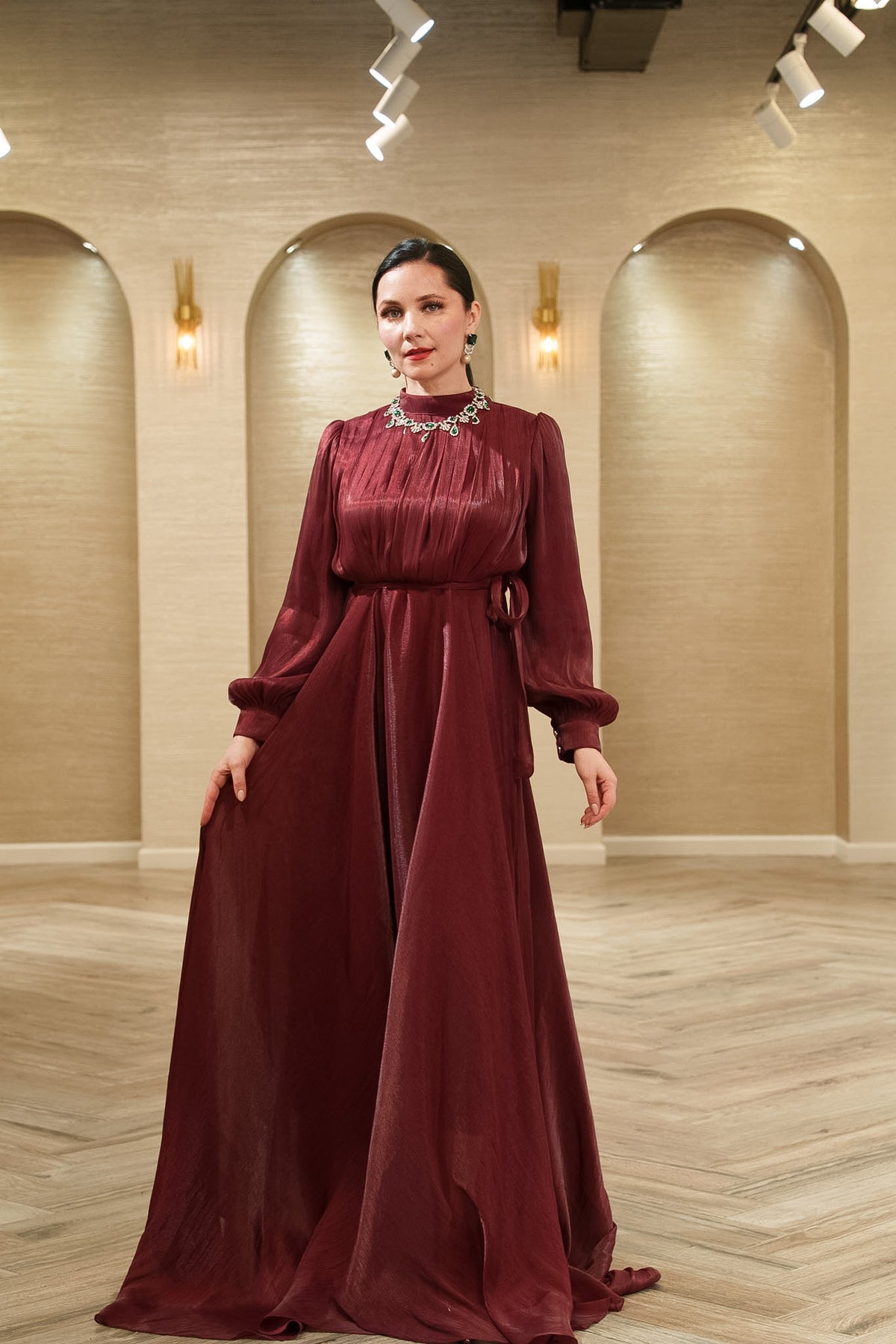 Celeste Pleated Organza Evening Gown with Tie Belt
