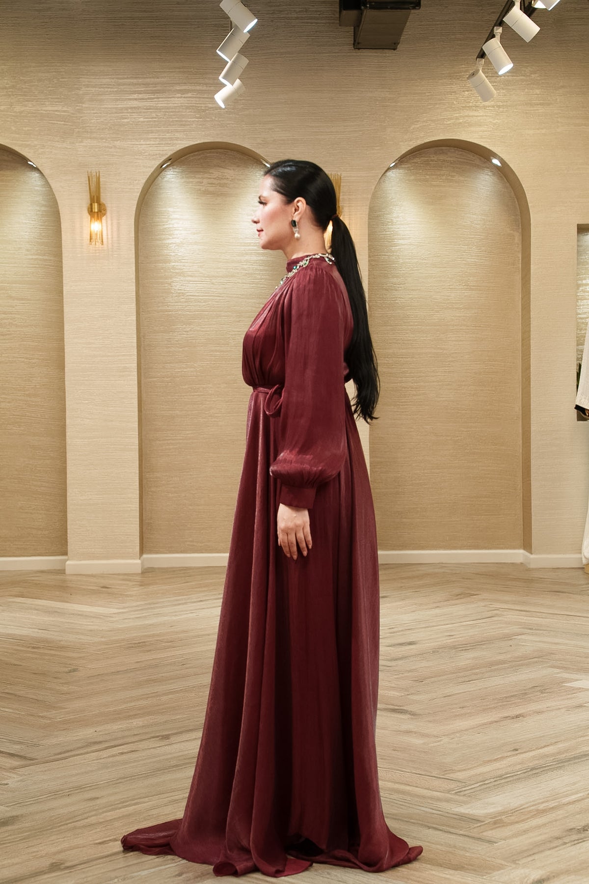 Celeste Pleated Organza Evening Gown with Tie Belt