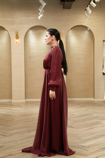 Celeste Pleated Organza Evening Gown with Tie Belt