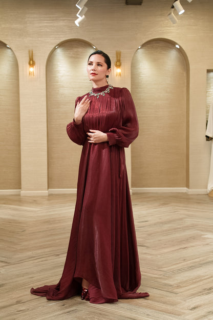 Celeste Pleated Organza Evening Gown with Tie Belt