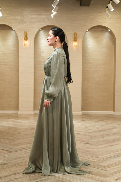 Celeste Pleated Organza Evening Gown with Tie Belt