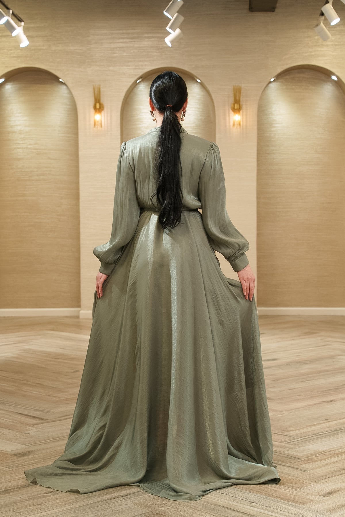 Celeste Pleated Organza Evening Gown with Tie Belt