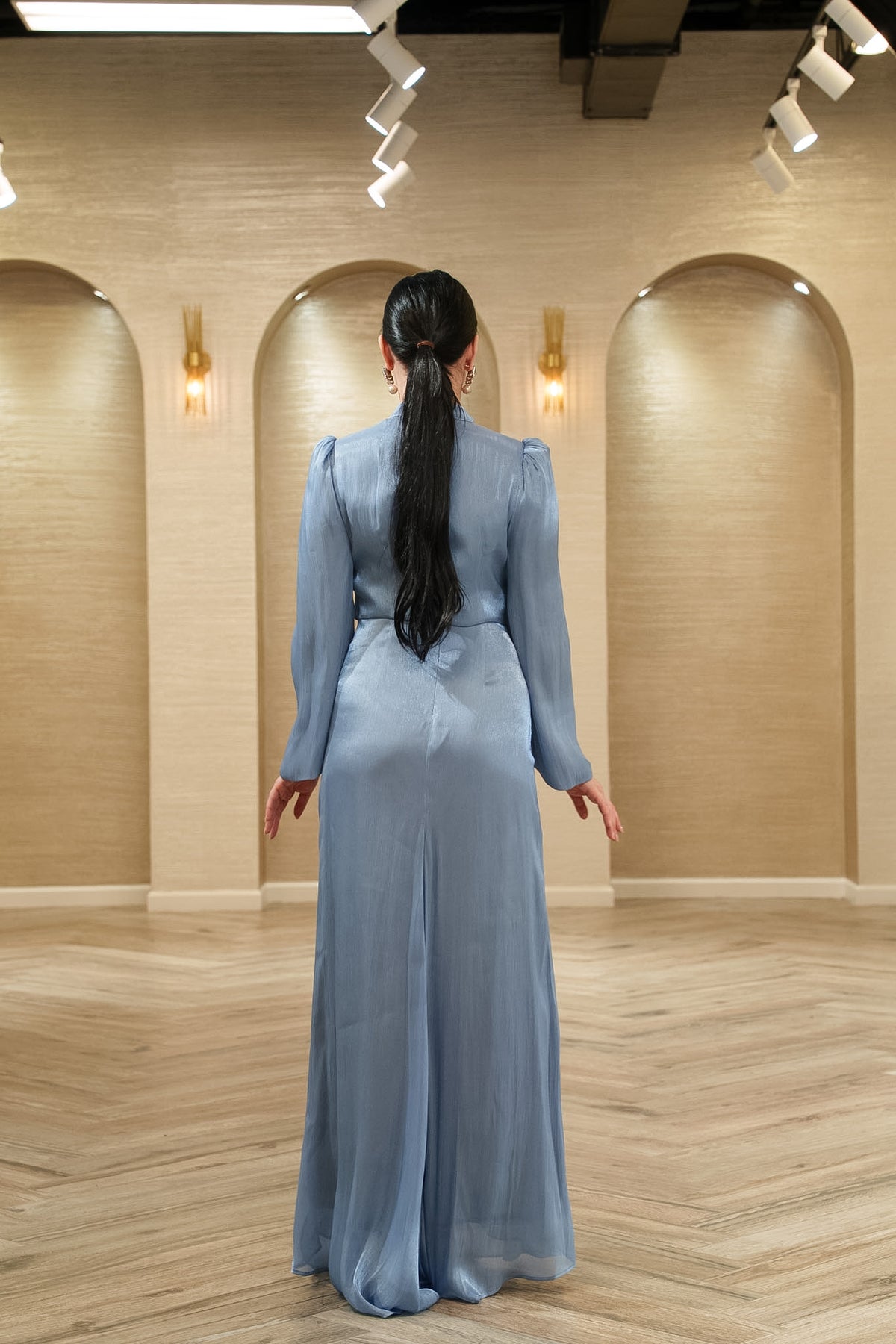 Aurora Pleated Organza Evening Gown with Crystal Brooch