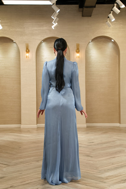 Aurora Pleated Organza Evening Gown with Crystal Brooch