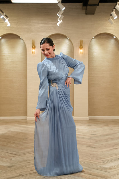 Aurora Pleated Organza Evening Gown with Crystal Brooch