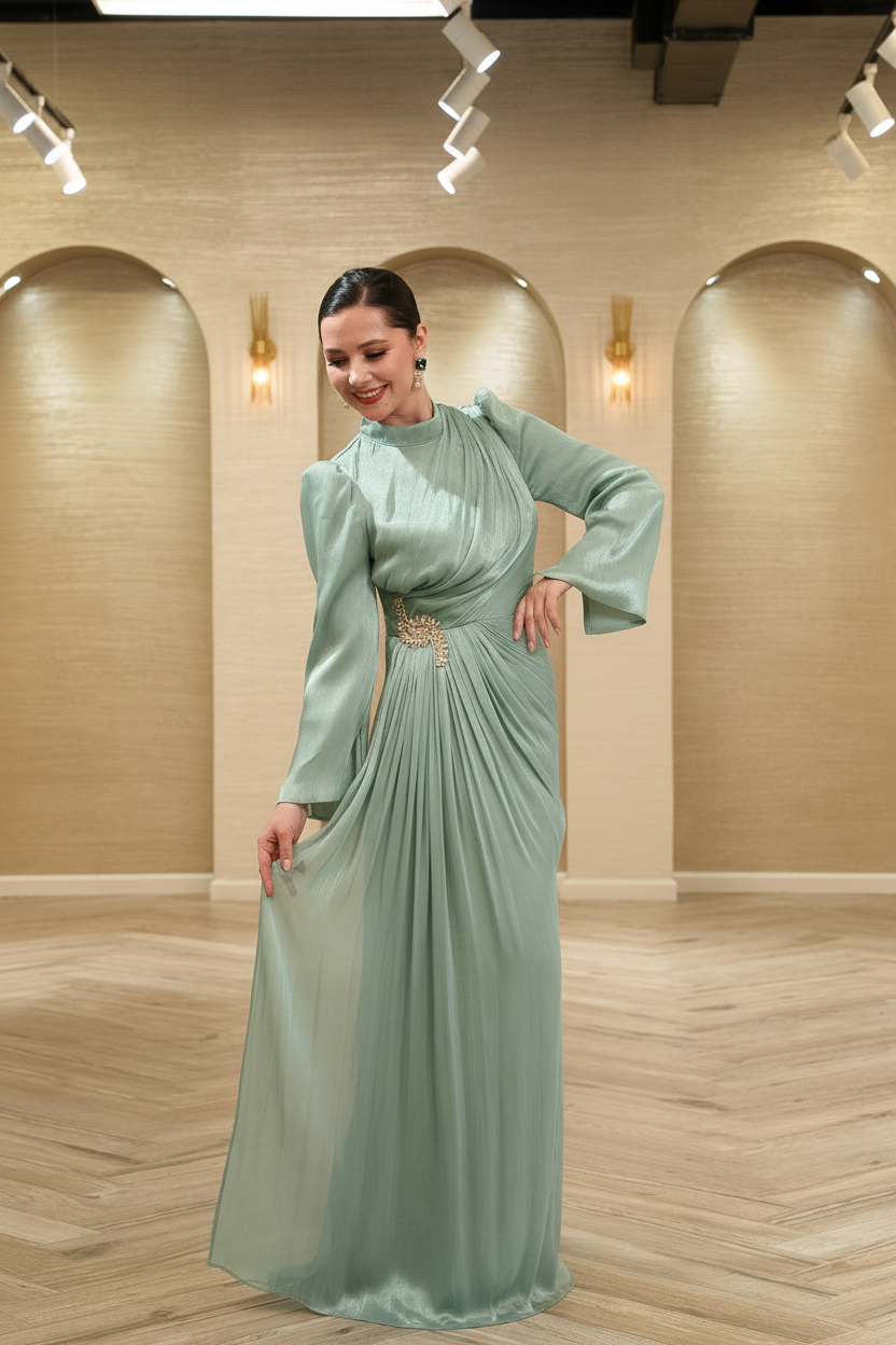 Aurora Pleated Organza Evening Gown with Crystal Brooch