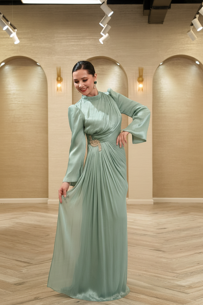 Aurora Pleated Organza Evening Gown with Crystal Brooch