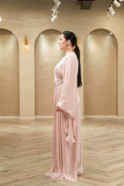 Seraphina Draped Organza Evening Gown with Cape Sleeves