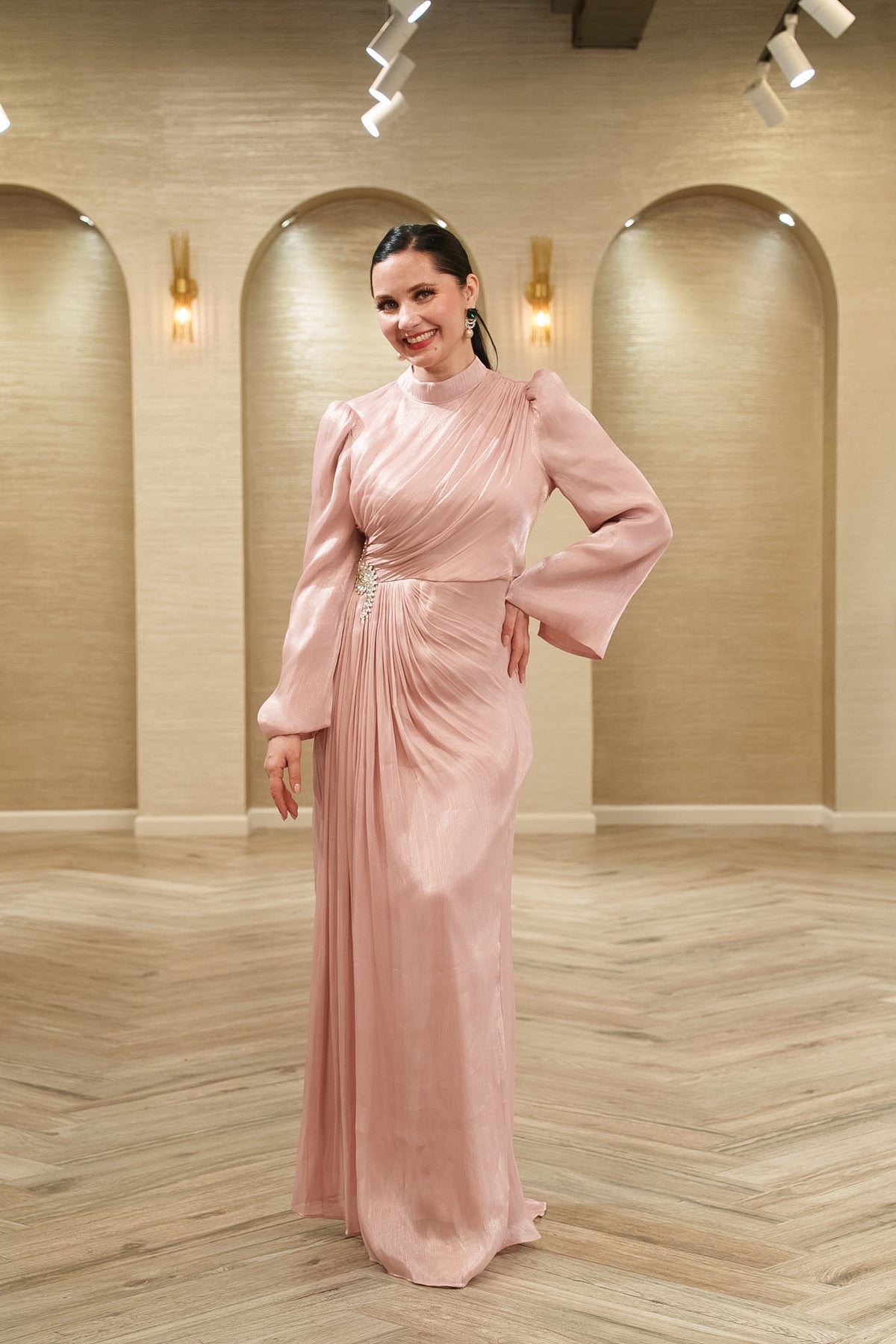 Aurora Pleated Organza Evening Gown with Crystal Brooch