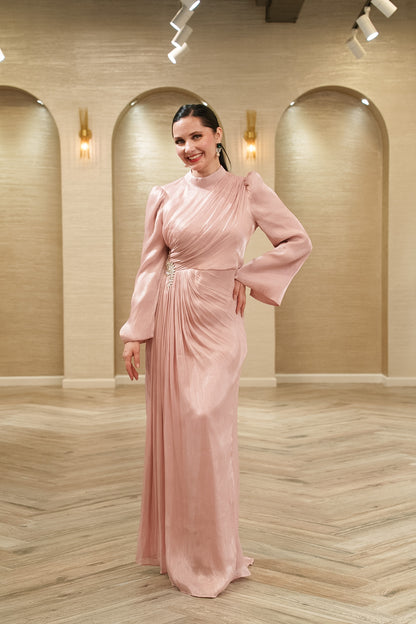 Aurora Pleated Organza Evening Gown with Crystal Brooch