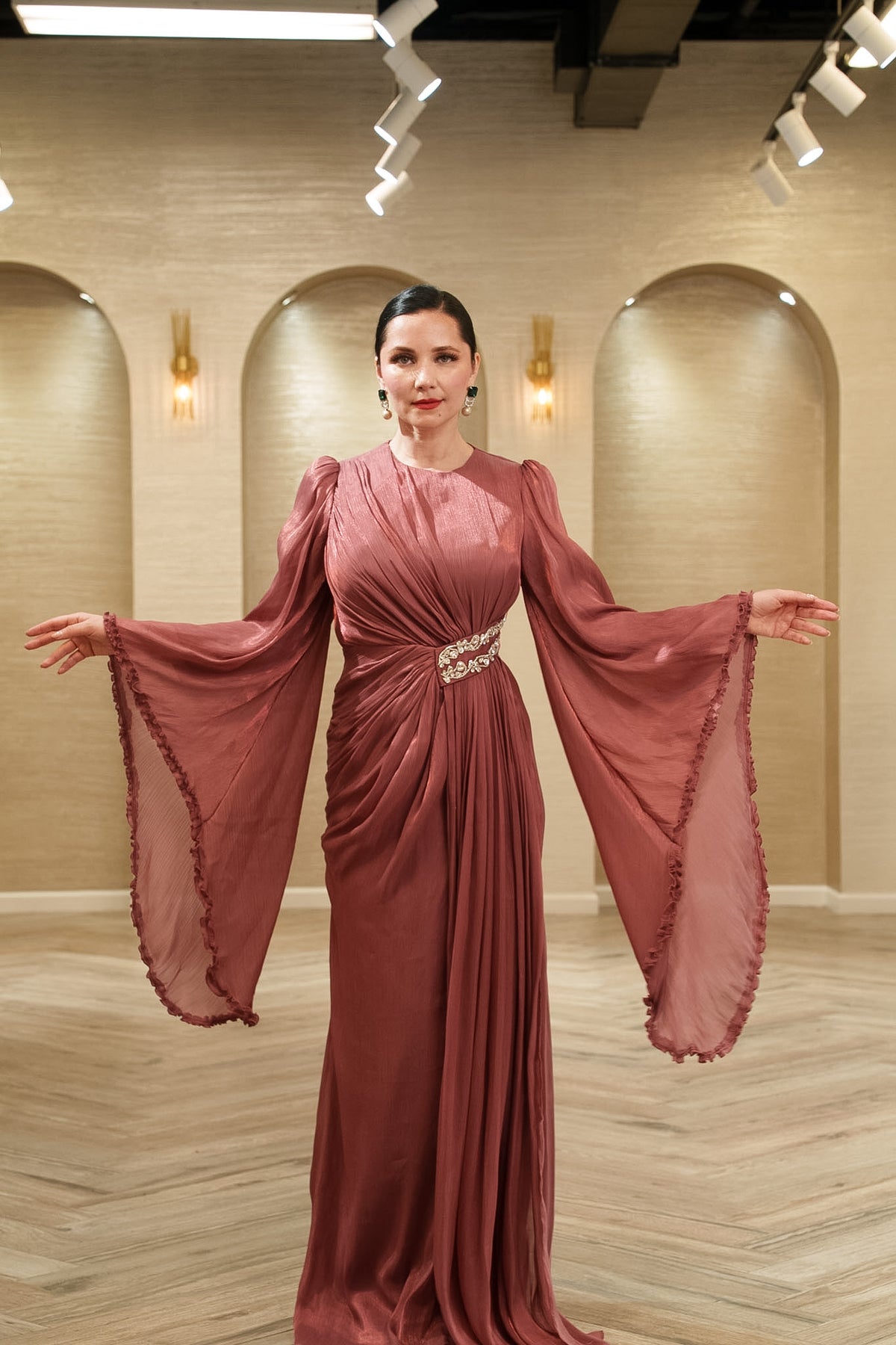 Seraphina Draped Organza Evening Gown with Cape Sleeves