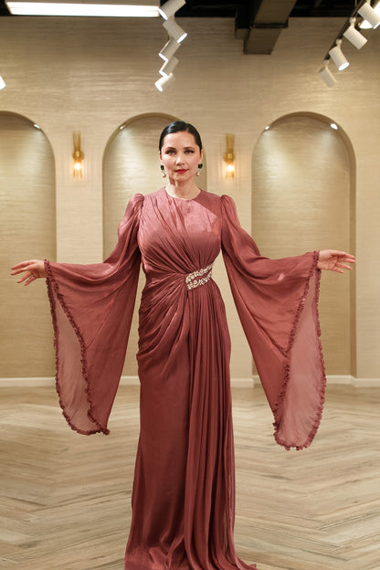 Seraphina Draped Organza Evening Gown with Cape Sleeves