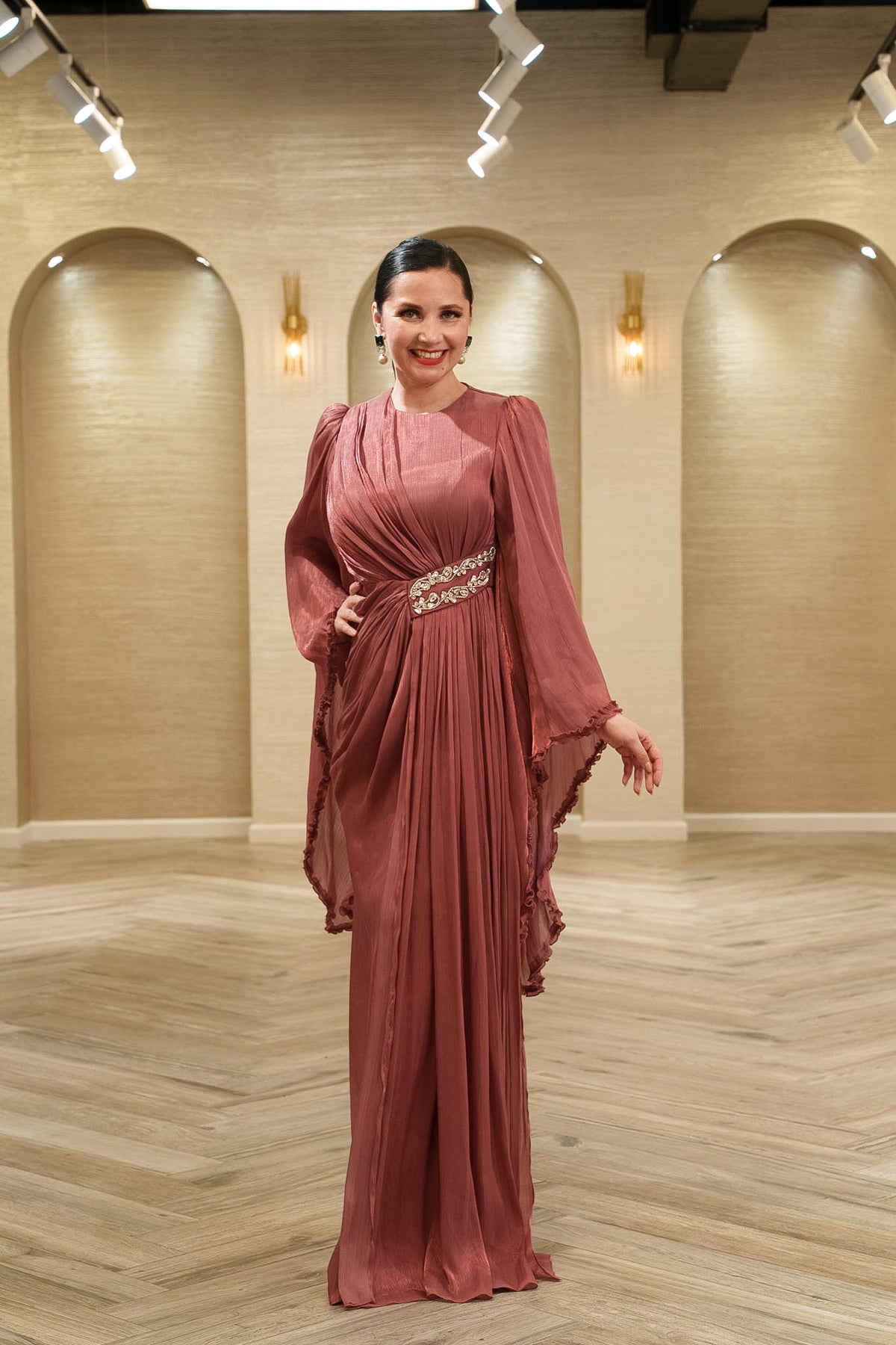 Seraphina Draped Organza Evening Gown with Cape Sleeves