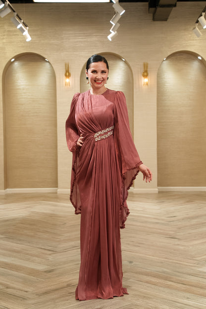 Seraphina Draped Organza Evening Gown with Cape Sleeves