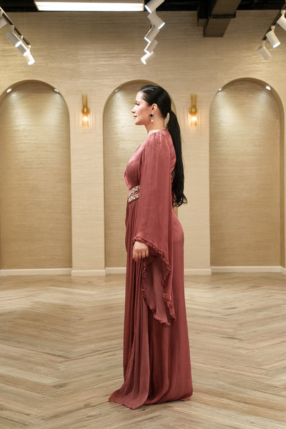Seraphina Draped Organza Evening Gown with Cape Sleeves