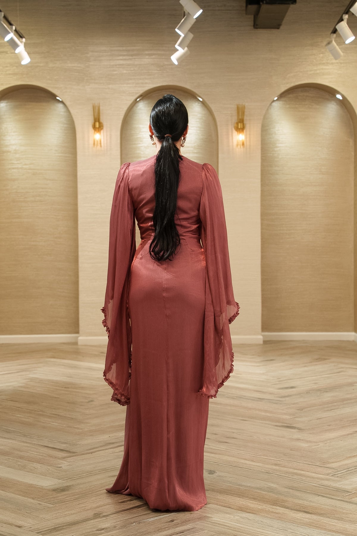 Seraphina Draped Organza Evening Gown with Cape Sleeves
