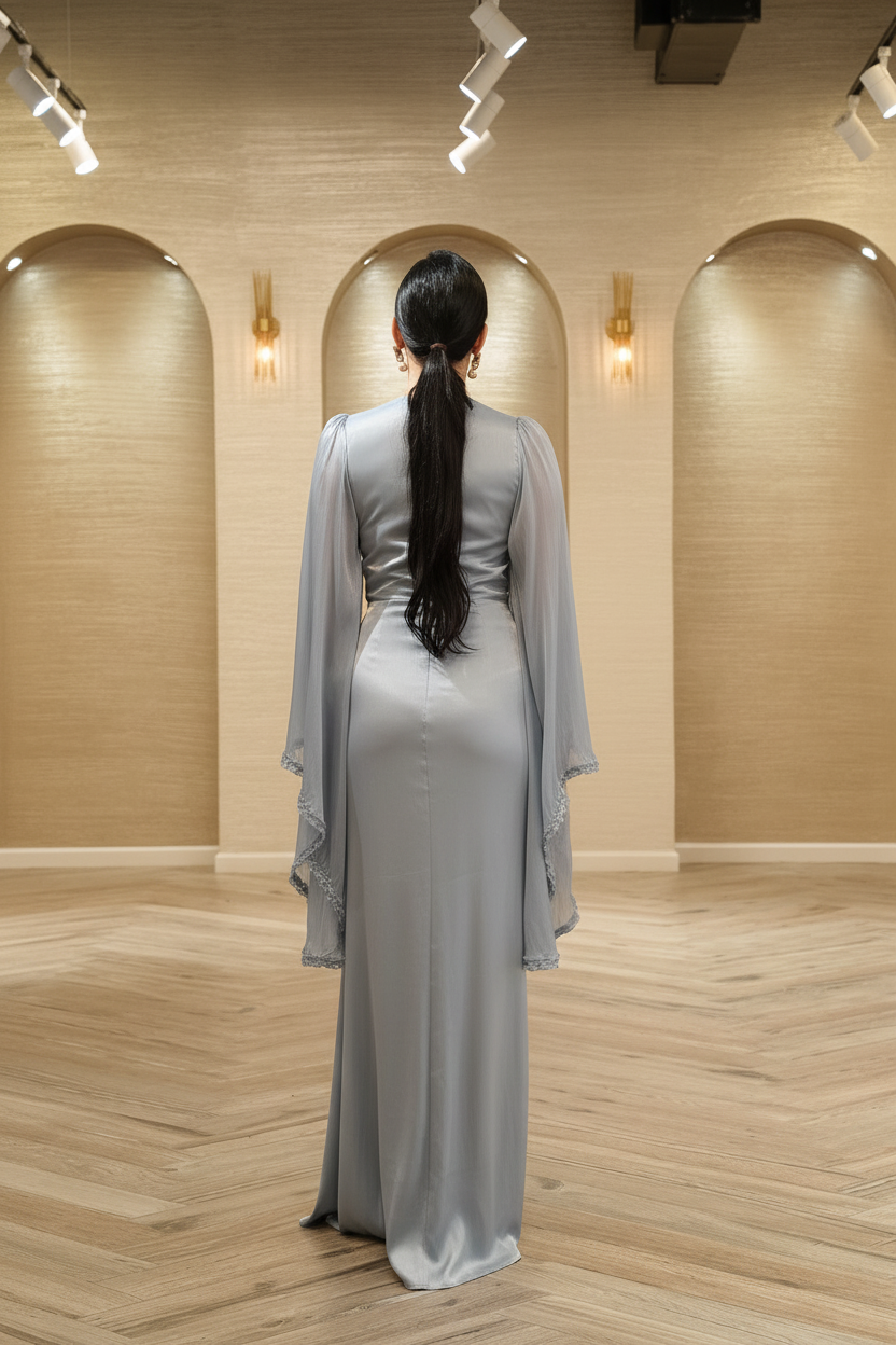 Seraphina Draped Organza Evening Gown with Cape Sleeves