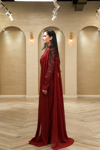 Royal Elegance Crystal Embellished Evening Gown with Shoulder Sash