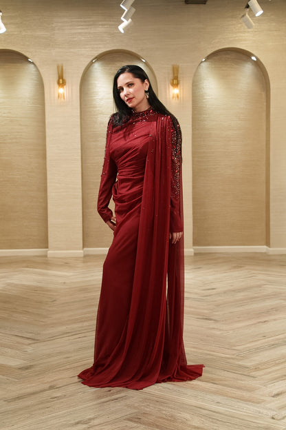 Royal Elegance Crystal Embellished Evening Gown with Shoulder Sash