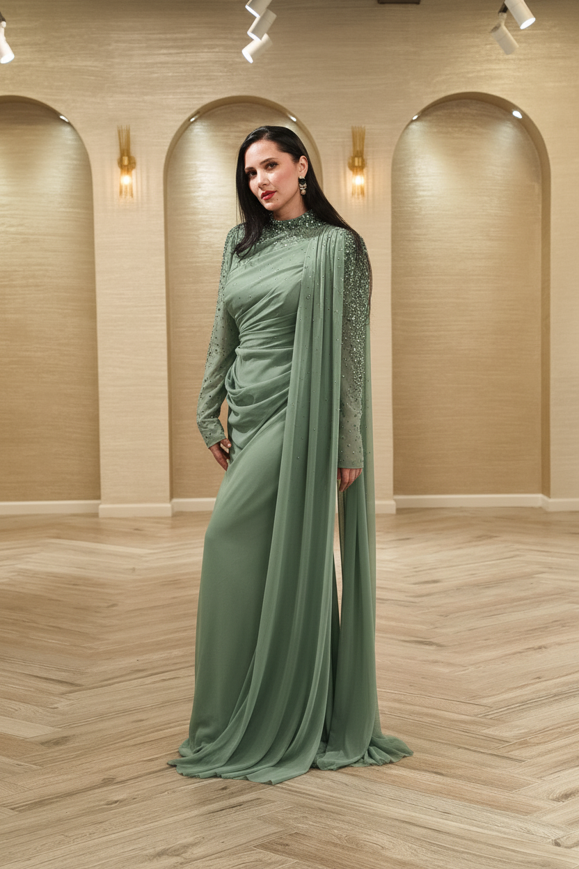 Royal Elegance Crystal Embellished Evening Gown with Shoulder Sash