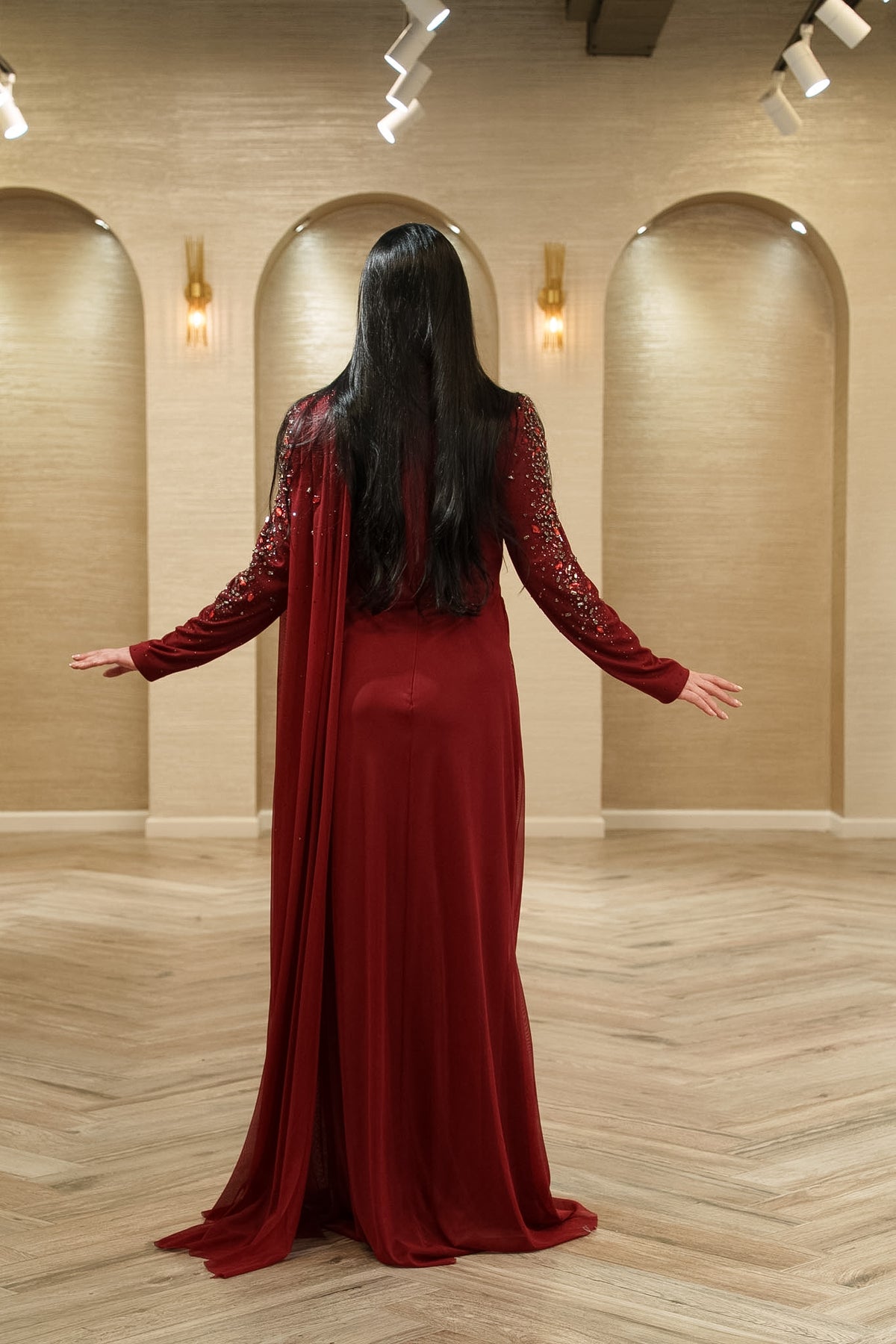Royal Elegance Crystal Embellished Evening Gown with Shoulder Sash