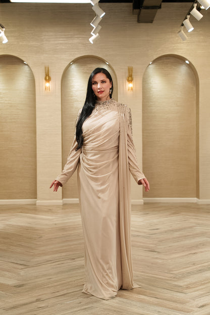 Royal Elegance Crystal Embellished Evening Gown with Shoulder Sash