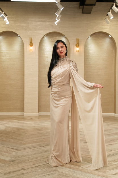 Royal Elegance Crystal Embellished Evening Gown with Shoulder Sash