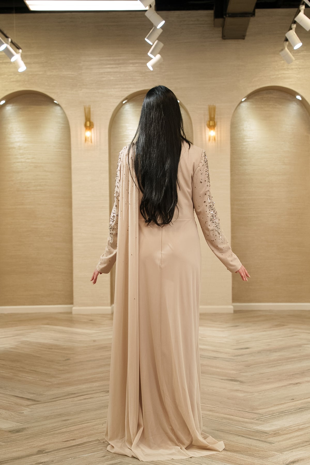 Royal Elegance Crystal Embellished Evening Gown with Shoulder Sash