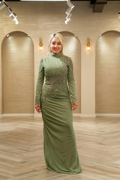 Crystal Embellished Ruched Evening Gown