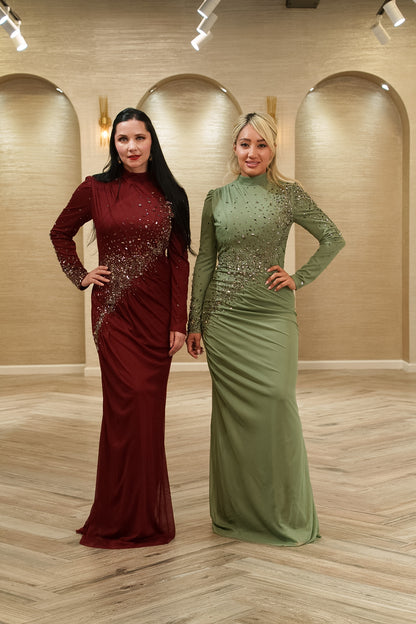 Crystal Embellished Ruched Evening Gown