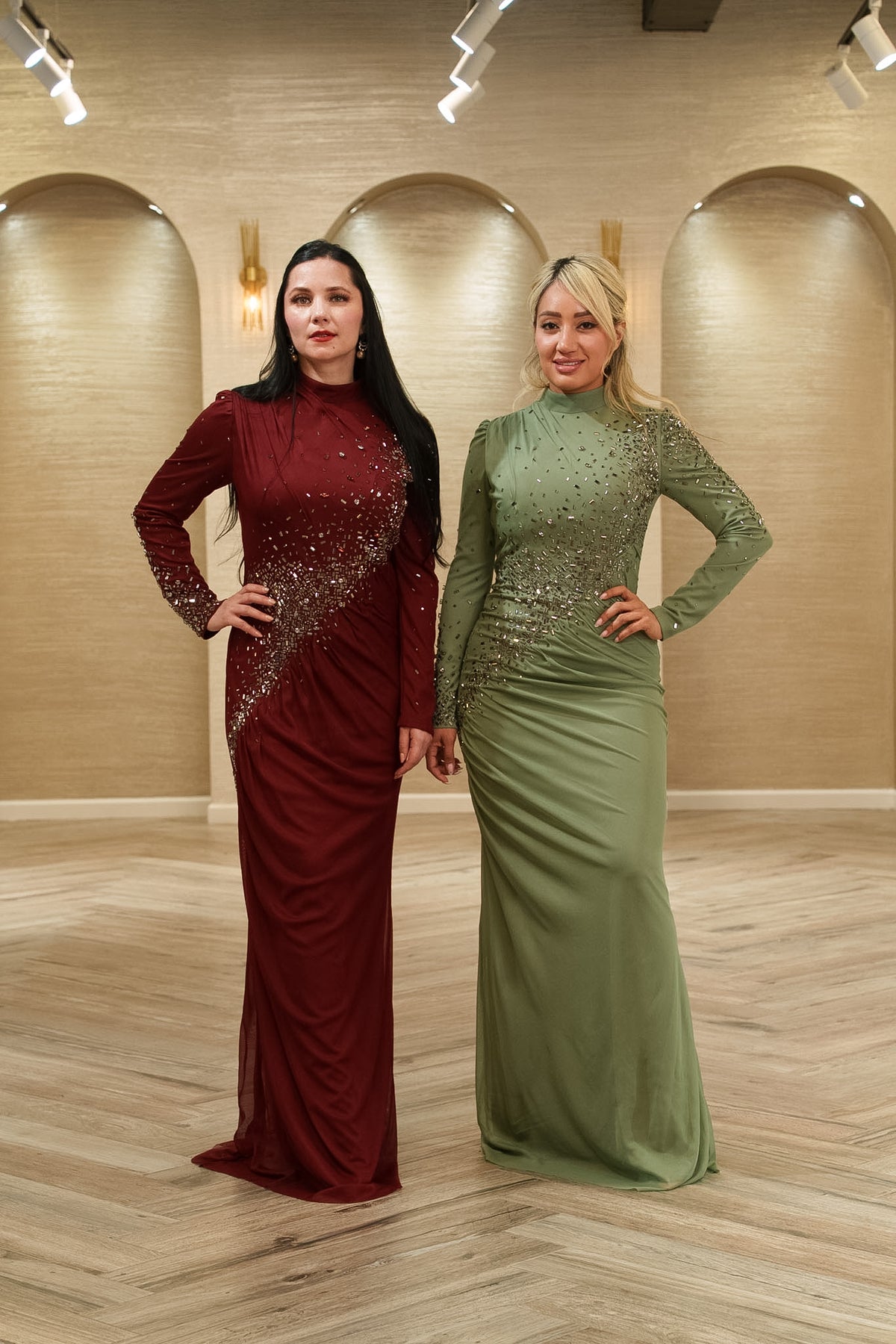 Crystal Embellished Ruched Evening Gown