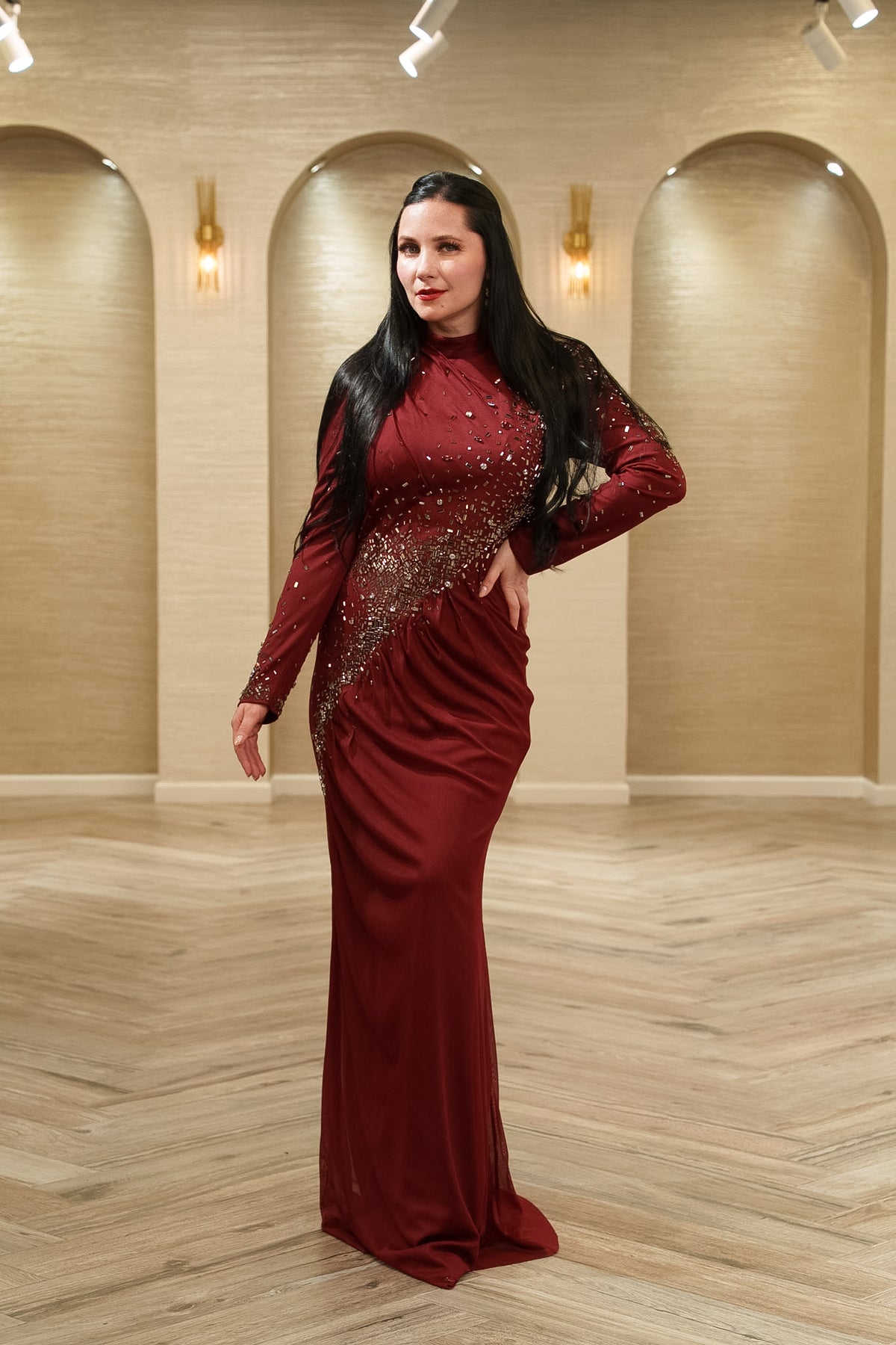 Crystal Embellished Ruched Evening Gown